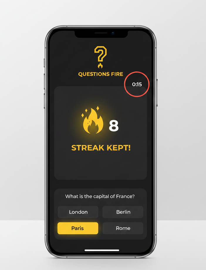 Questions Fire trivia interface on mobile